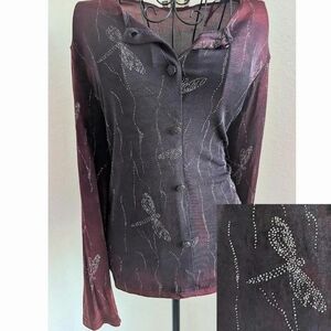 Women’s Embellished Dragonfly Button-Front Cardigan in Black and Burgundy